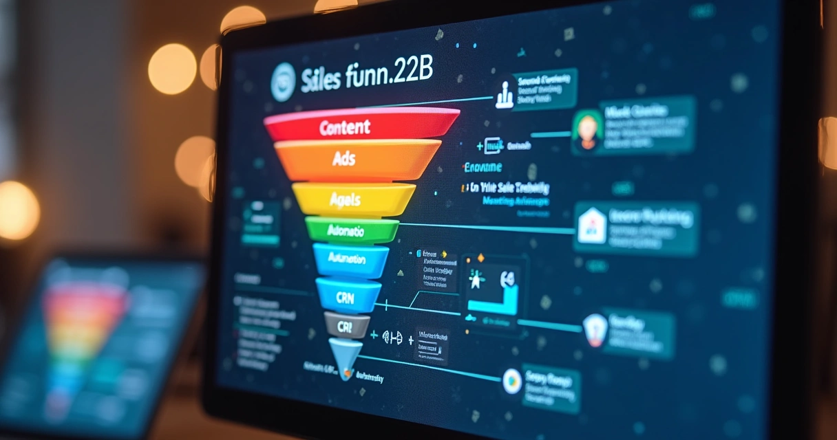 Representação gráfica do funil de vendas B2B com ações de marketing