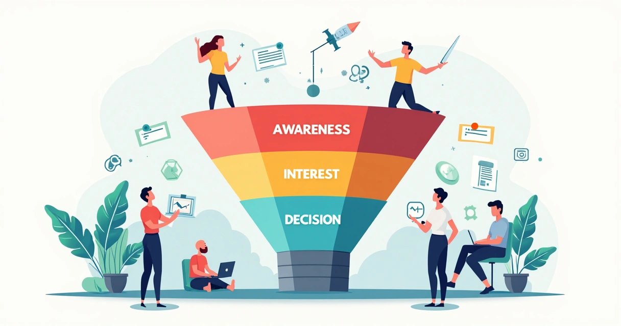 Ilustração de funil de marketing e vendas digital com etapas e leads
