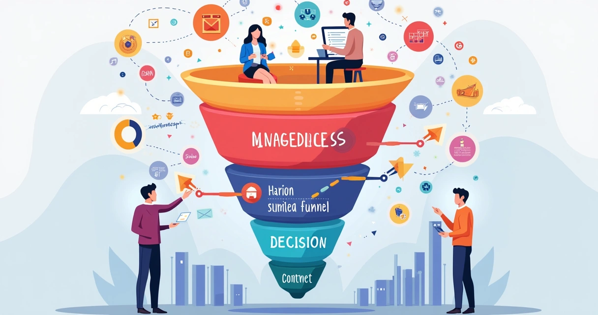 Representação colorida de um funil de vendas B2B com etapas de marketing e vendas integradas 