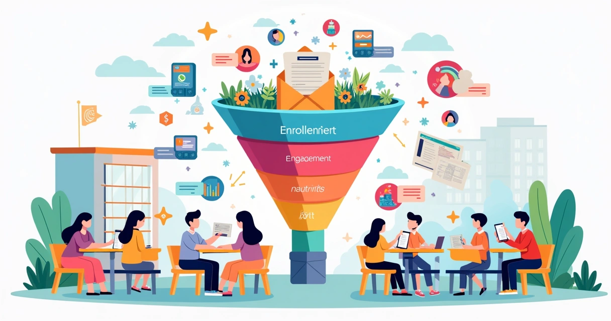Fluxo de funil de matrículas com etapas desenhadas