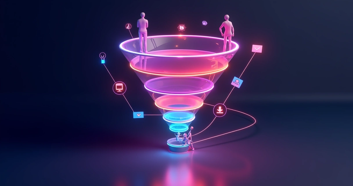 Representação visual de um funil de vendas com etapas digitalizadas 