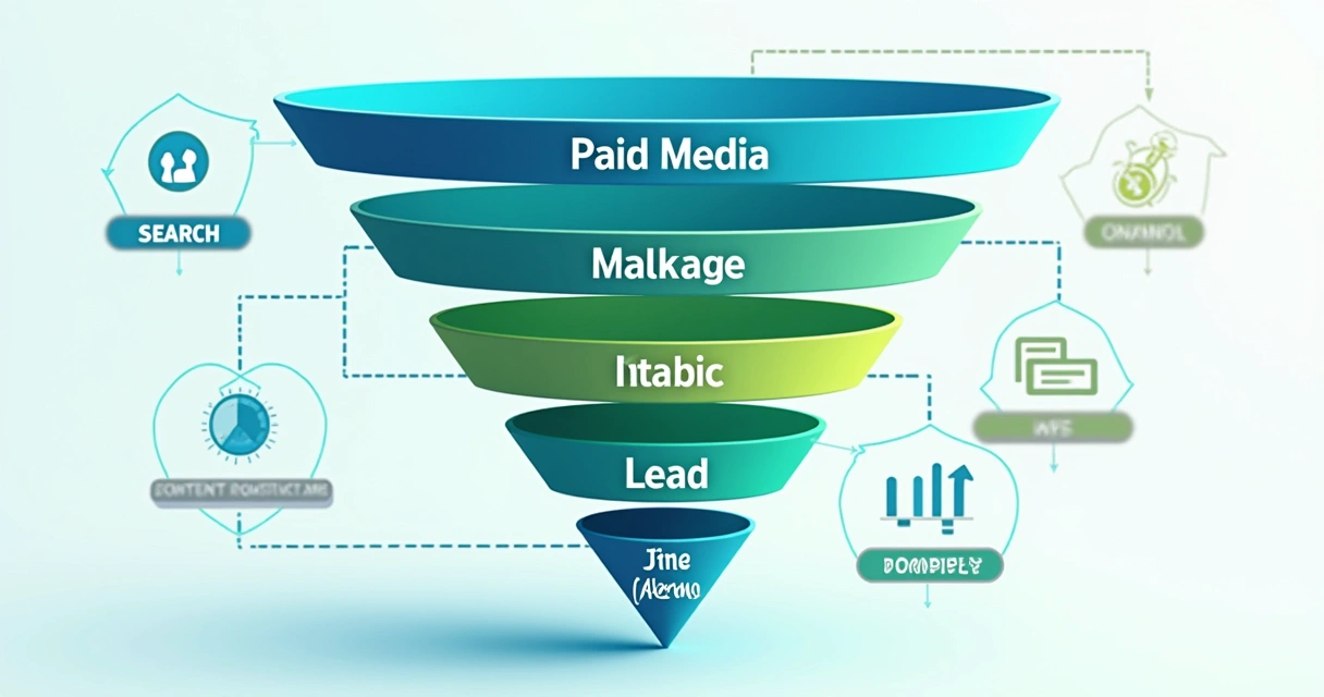 Gráfico com funil de vendas integrado à mídia paga e inbound