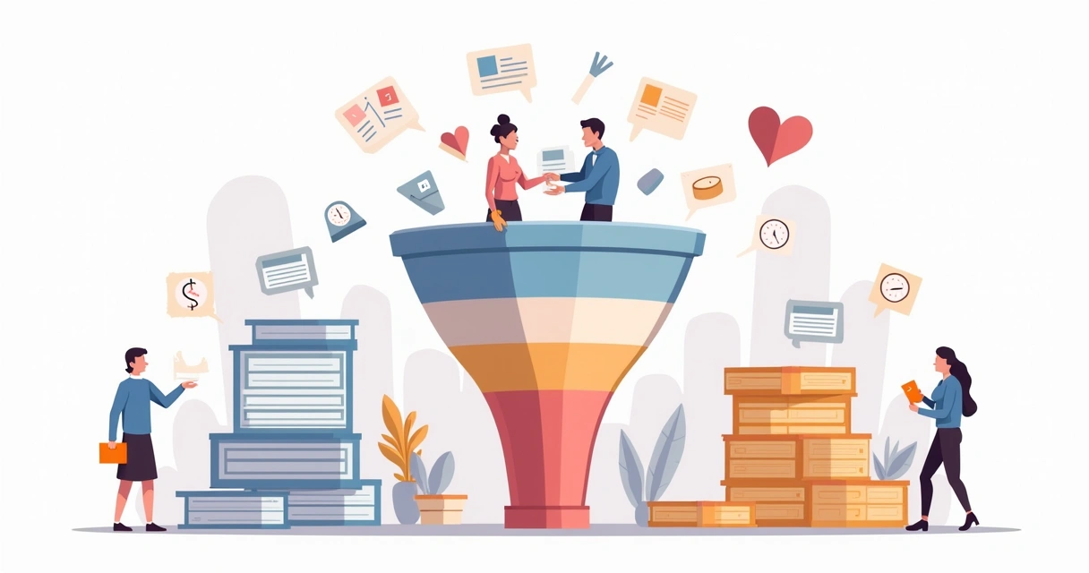 Ilustração de funil de vendas com oportunidades acumuladas em diferentes etapas 