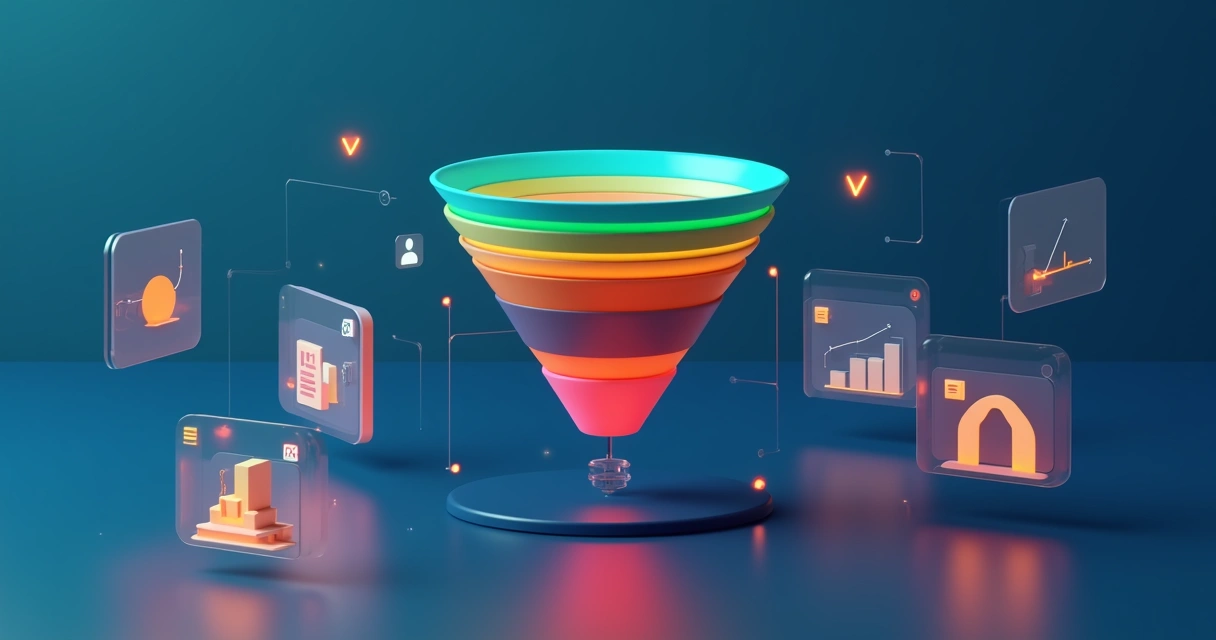 Ilustração de funil previdenciário com etapas organizadas em painel digital de CRM 