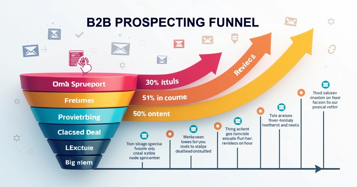 Como medir resultados de abordagem fria B2B na prática no dia a dia 8 Fluxo visual de funil de prospecção B2B mostrando etapas e conversões.