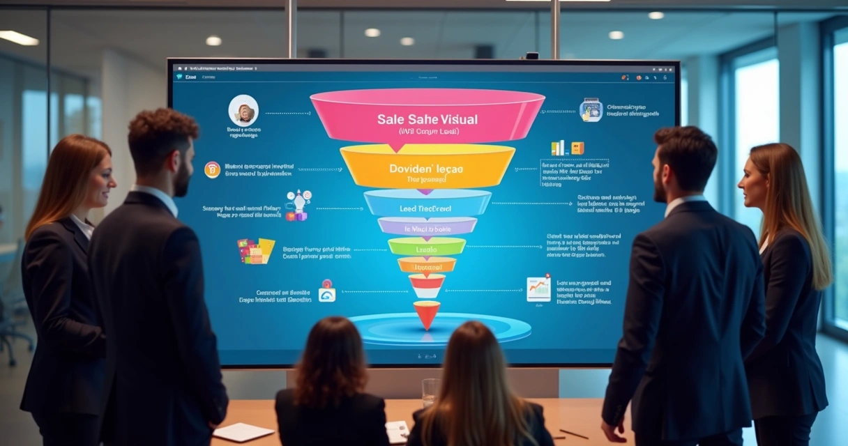 Funil visual de vendas na tela, equipe analisando etapas do pipeline 