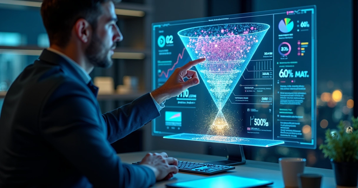Executivo analisa painel digital com funil de vendas e leads destacados 