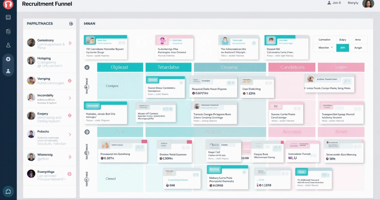 Painel de funil de recrutamento digital em formato Kanban, com etapas, indicadores visuais e cards de candidatos em movimento entre as fases.