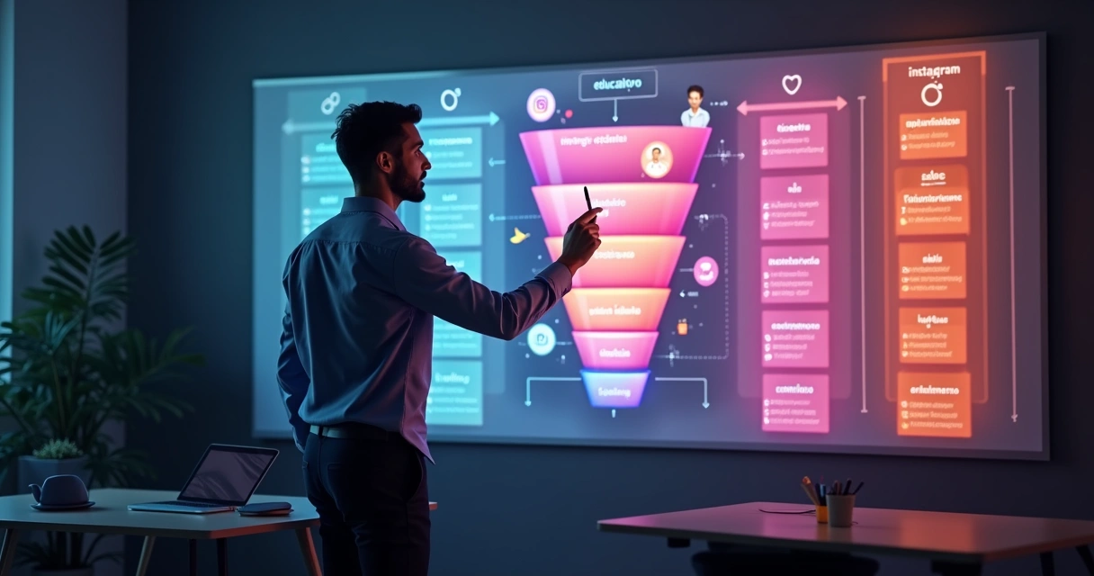 Gestor organiza funis de vendas por segmento em painel digital com ícones do Instagram 