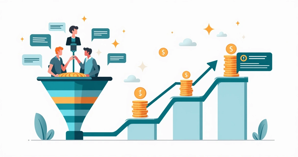 Ilustração de funil com lead entrando e oferta adicional aumentando receita