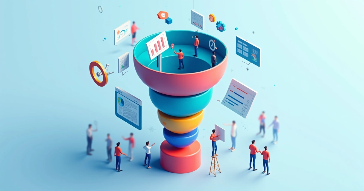 Fluxo visual de funil de vendas mostrando leads sendo filtrados por etapas afiliadas 