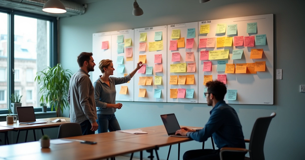 Painel de funil de vendas de agência digital com etapas visíveis e post-its coloridos