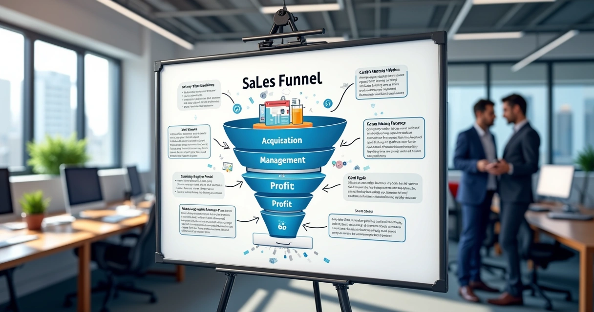 Diagrama detalhado de funil de vendas para agência digital com etapas e exemplos práticos 