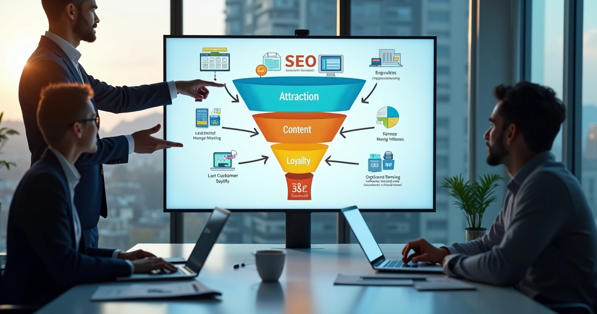 Ilustração fotorrealista de um funil de vendas digital com fases de atração, nutrição e fidelização, em um ambiente moderno de agência digital 