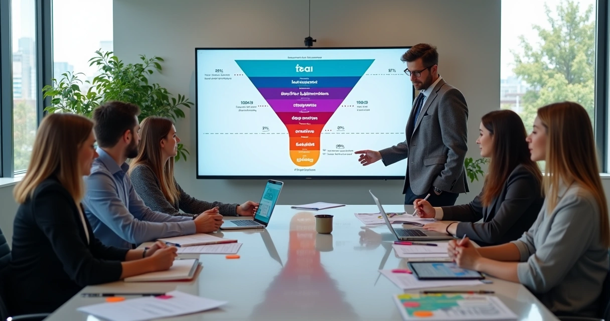 Equipe de marketing em sala criativa analisando em tela grande um funil de vendas colorido 
