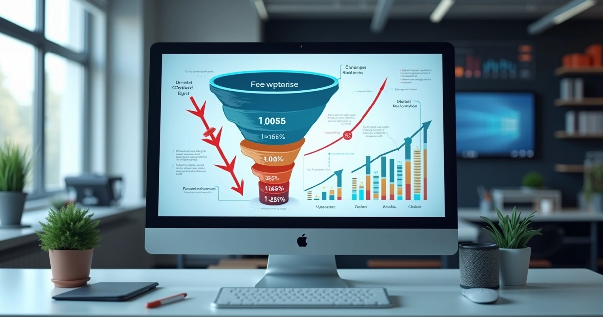 Ilustração realista de funil de vendas digital com falhas e indicadores negativos em tela de computador 