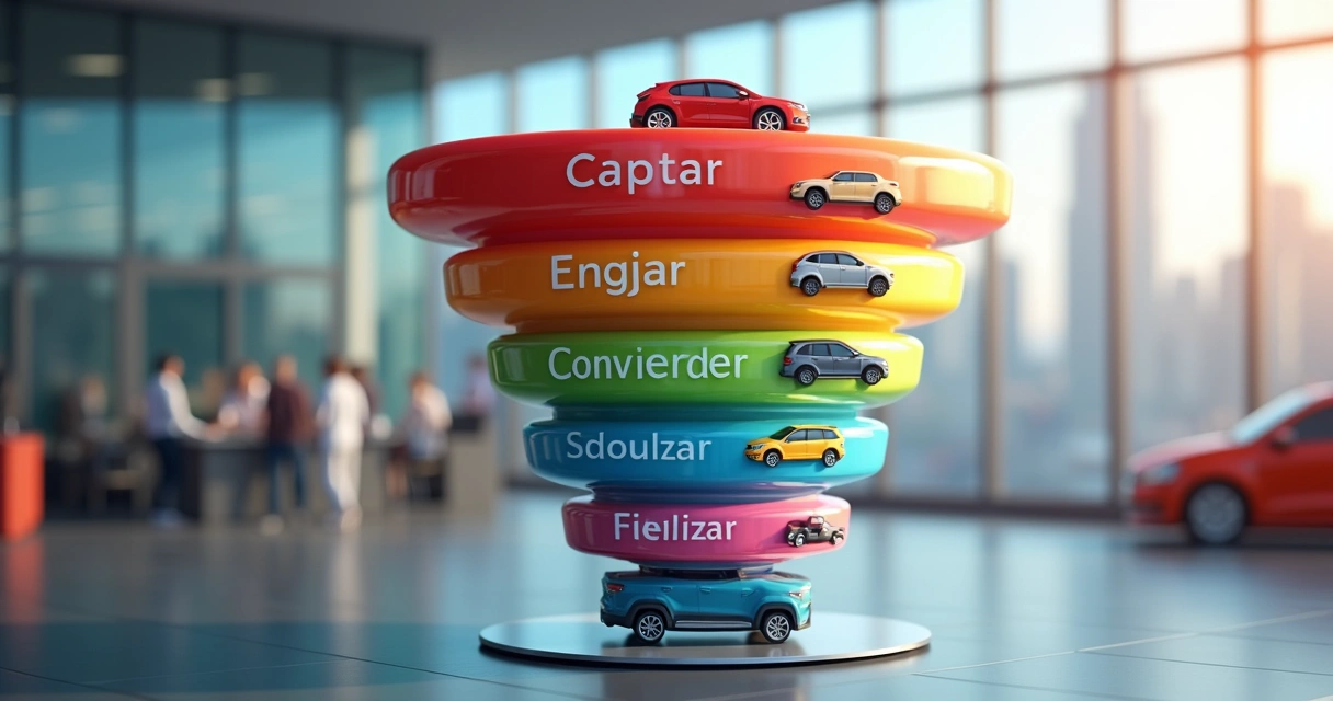 Ilustração de funil de vendas digital para autos com etapas em português e ícones de veículos. 