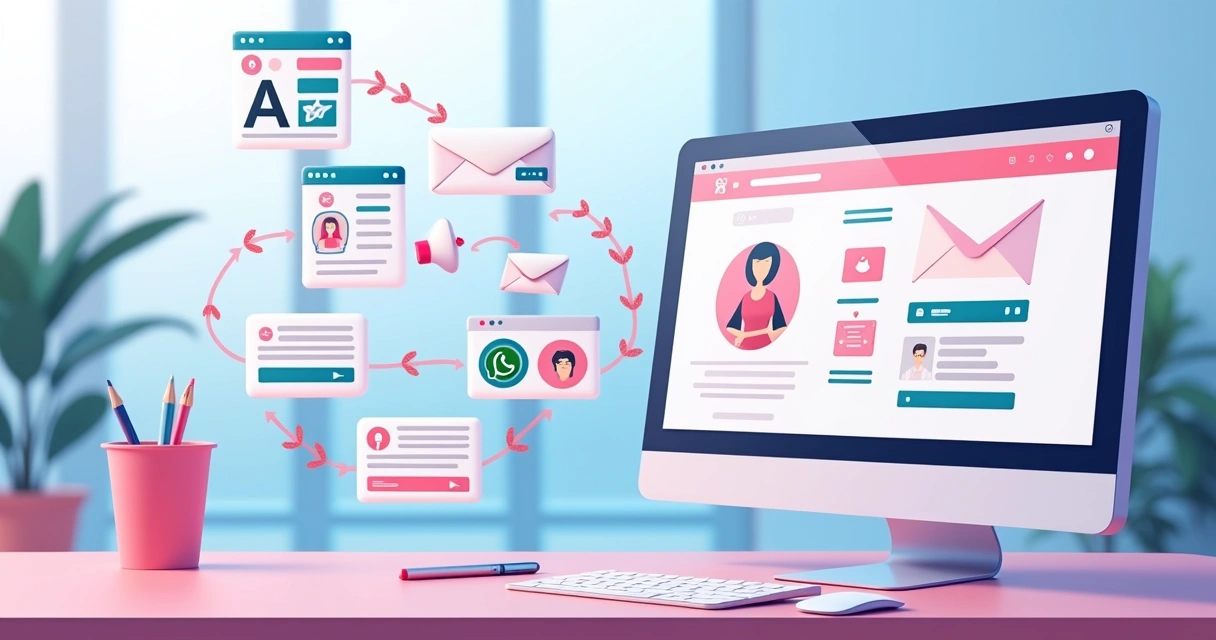 Fluxo ilustrado com funil de vendas, mensagens automáticas e CRM integrando agendamentos de beleza 