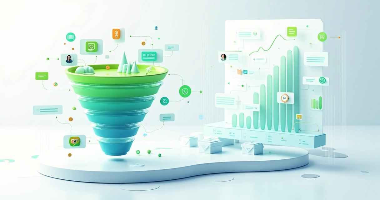 Funil automatizado de vendas conectado ao WhatsApp em estilo ilustrado corporativo 