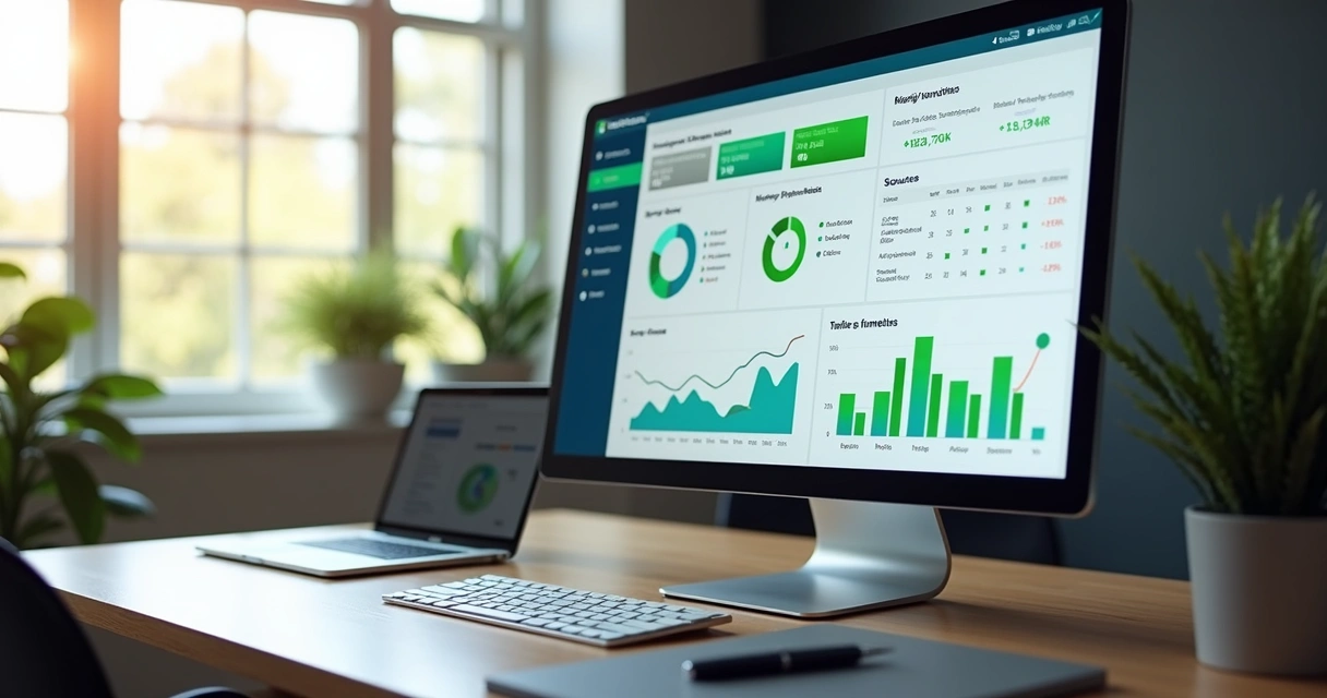 Tela de computador mostrando painel de funil de vendas automatizado com gráficos de crescimento e indicadores de marketing digital para pequenas empresas 