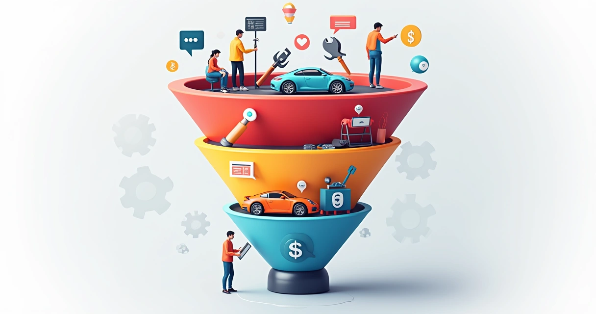 Esquema visual de um funil de vendas automotivo com ícones de carros, ferramentas e calendários 