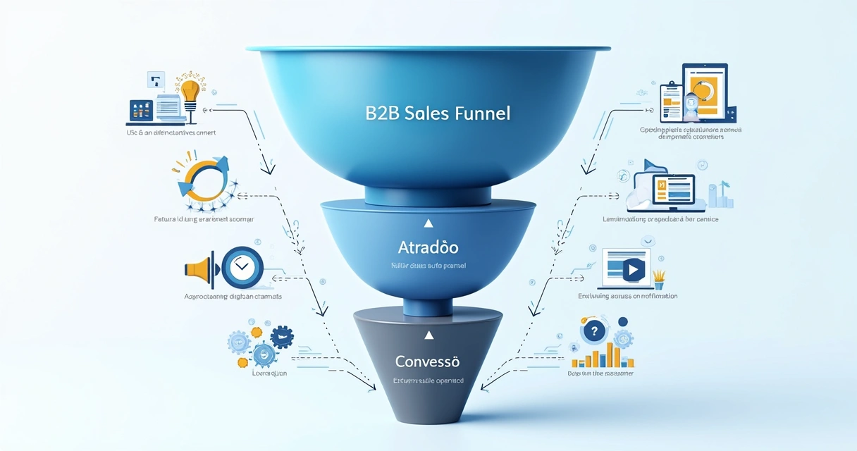 Gráfico simples mostrando etapas do funil de vendas B2B, com leads avançando do topo para o fundo 