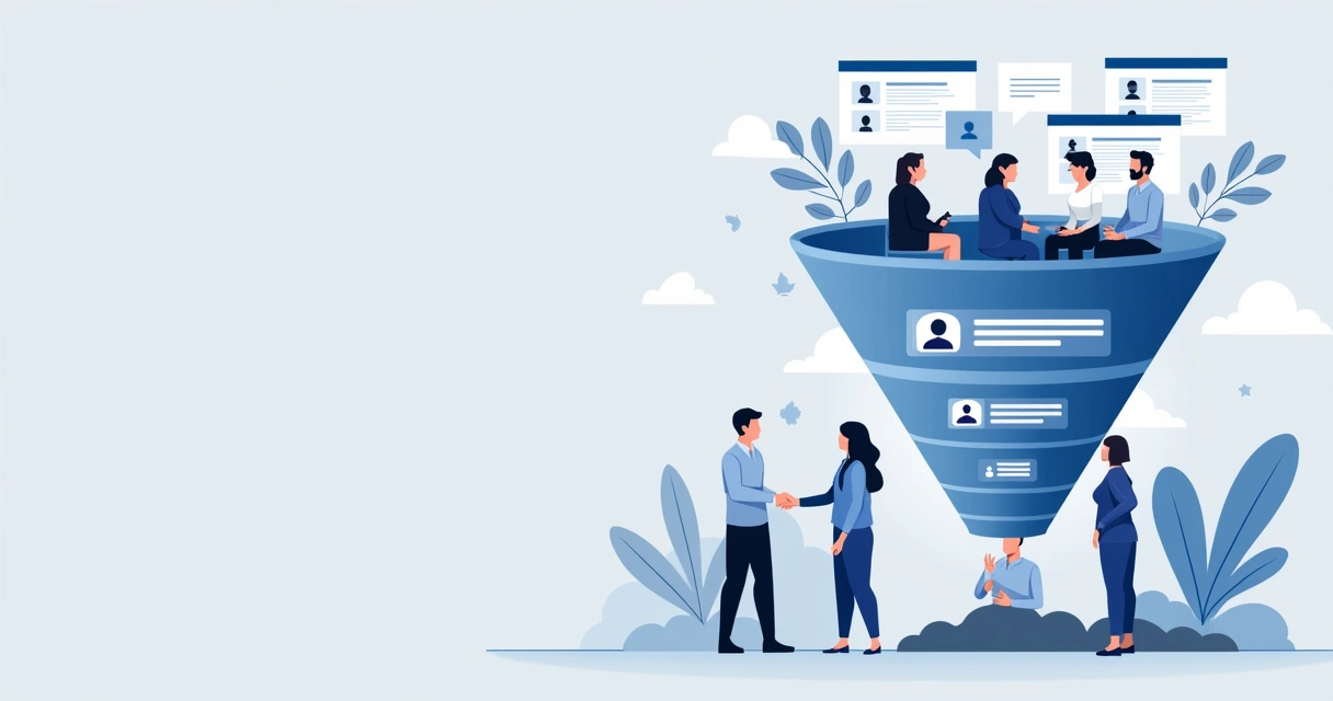 Visualização do funil de vendas B2B do topo à base com visitantes, contatos, prospects e clientes