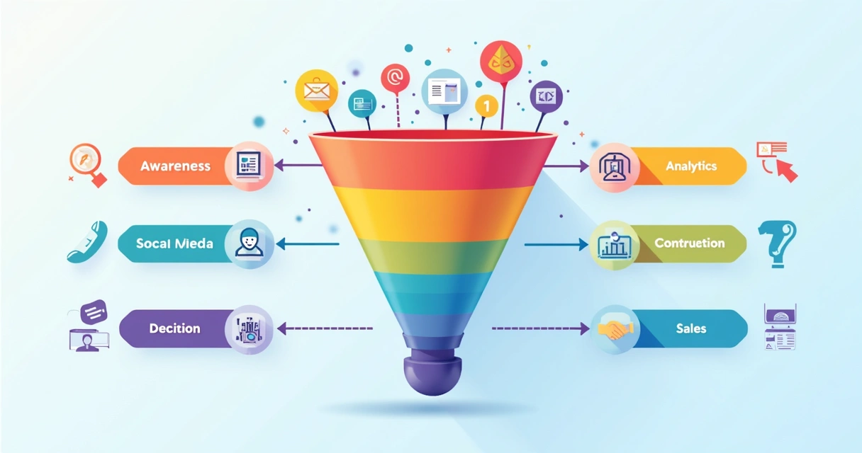 Ilustração de um funil de vendas B2B com ícones de marketing e vendas em cada etapa 