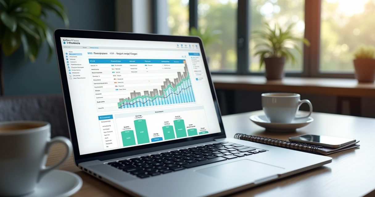 Painel de CRM com funil de vendas B2B em notebook e gráficos ao lado