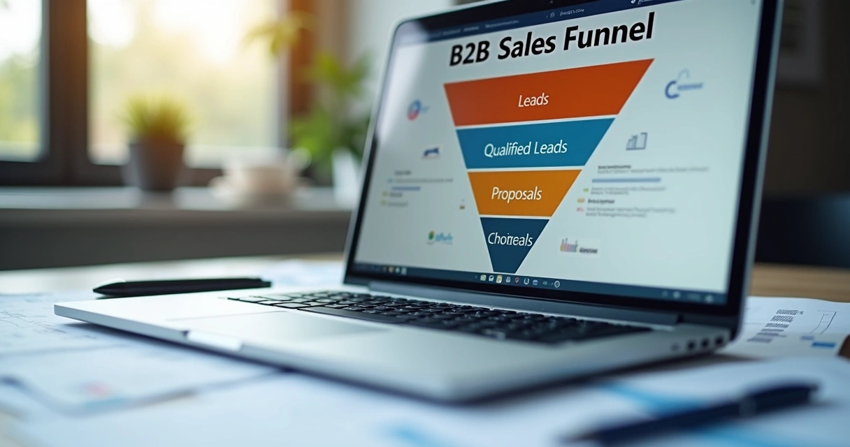 Etapas do funil de vendas B2B em tela com anotações 