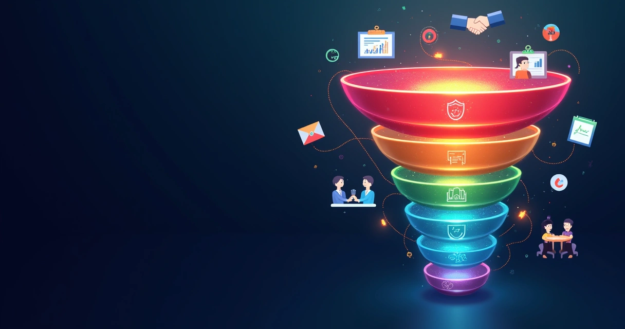 Vendedor B2B: Perfil, Funções e Estratégias Modernas 4 Ilustração digital do funil de vendas b2b com passos e ícones coloridos