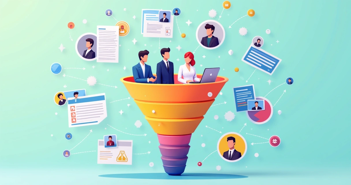 Ilustração de funil de vendas digital com leads entrando e negócios fechados saindo 