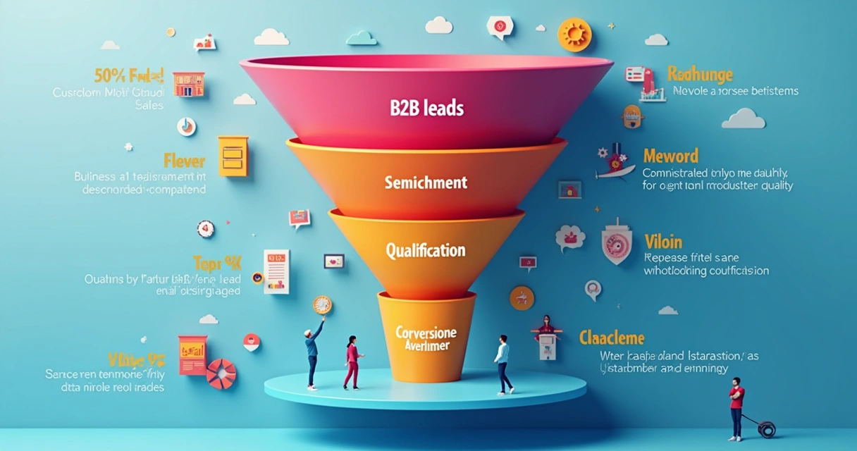 Geração de Leads B2B: Estratégias e Ferramentas Avançadas 5 Diagrama de funil de vendas B2B mostrando conversão progressiva de leads