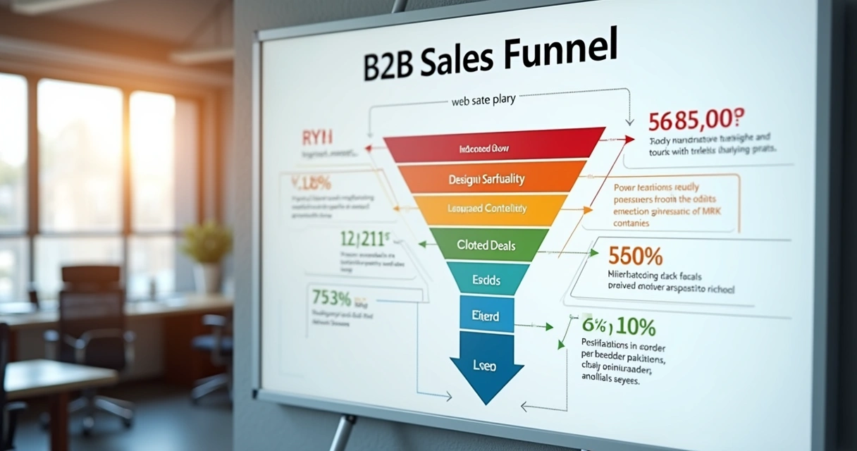Gráfico do funil de vendas B2B com várias etapas e indicadores em destaque 