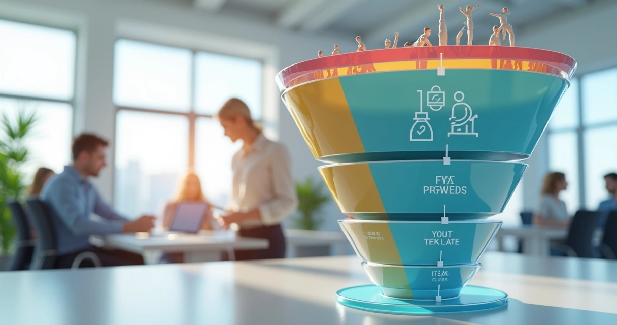 Representação visual de um funil de vendas B2B com divisões de estágios 