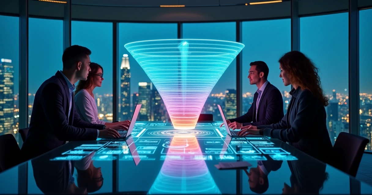 Executivos observando funil de vendas digital projetado em mesa de vidro 