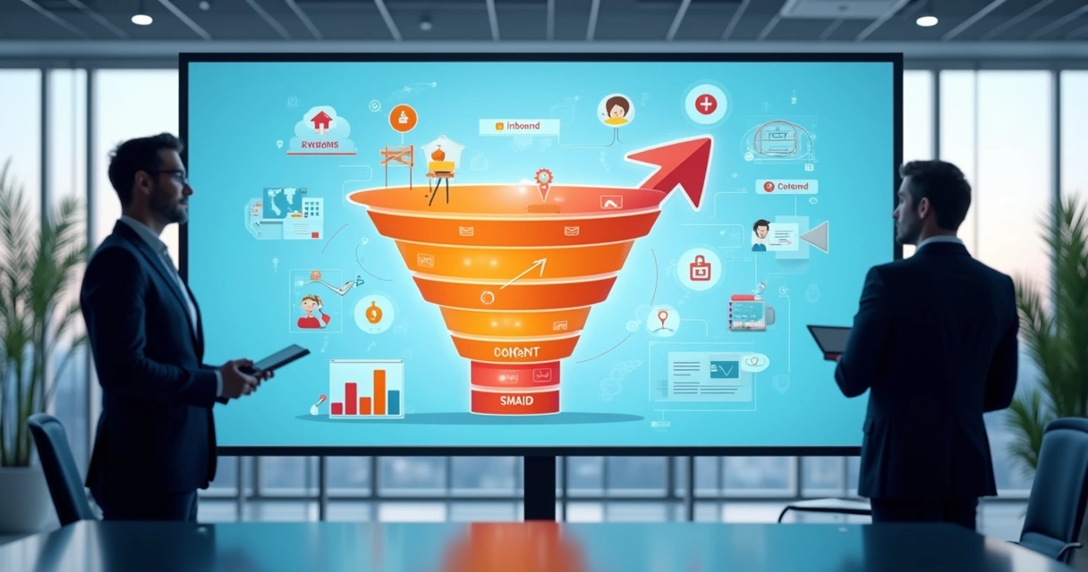 Funil de vendas B2B mostrando fluxos inbound e outbound em painel digital 