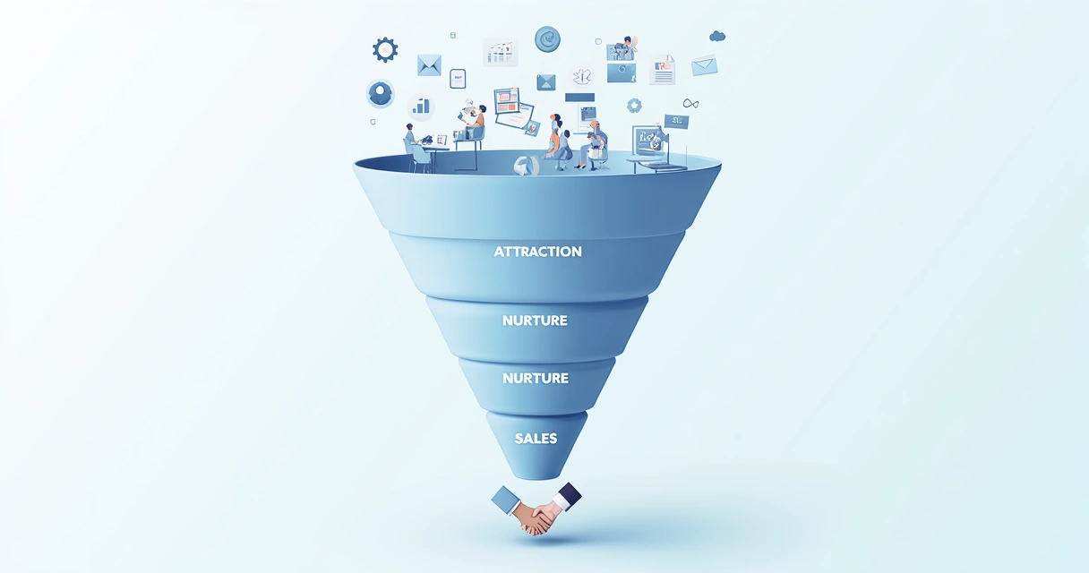 Funil de vendas B2B com etapas visualmente divididas 