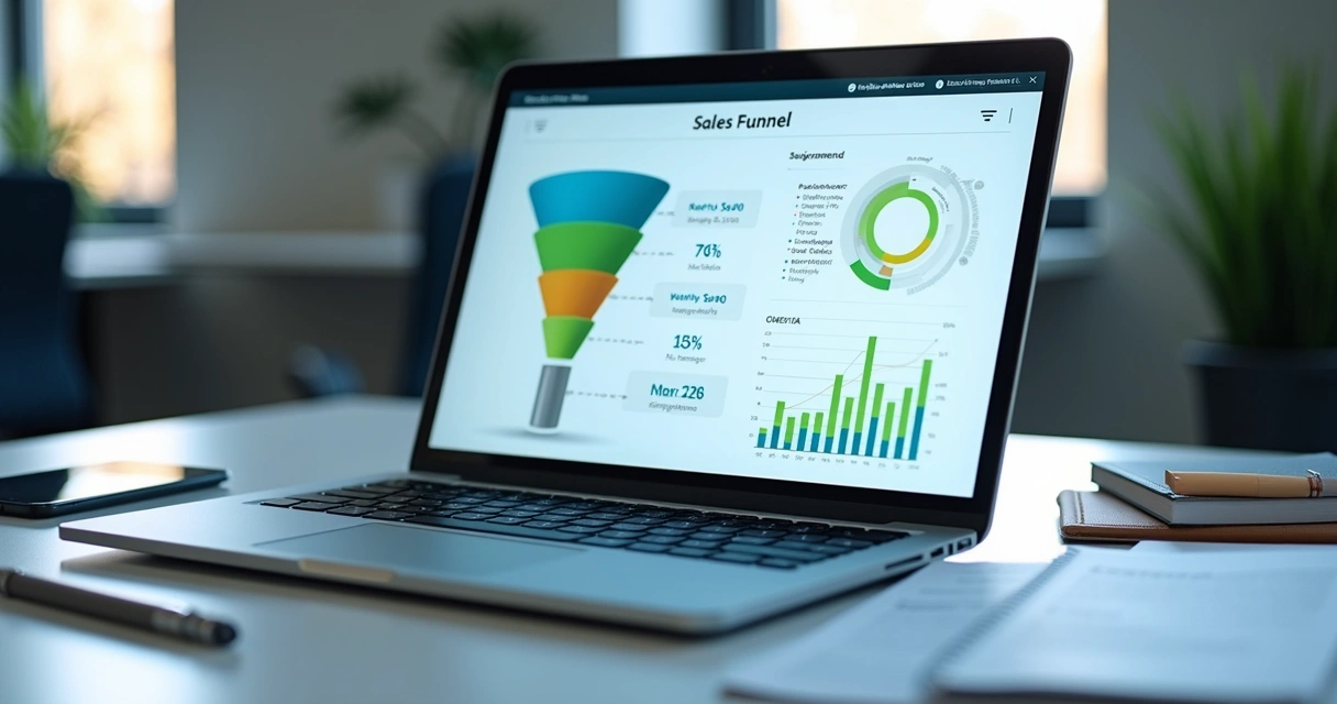 Funil de vendas em tela com etapas comerciais e dados financeiros 