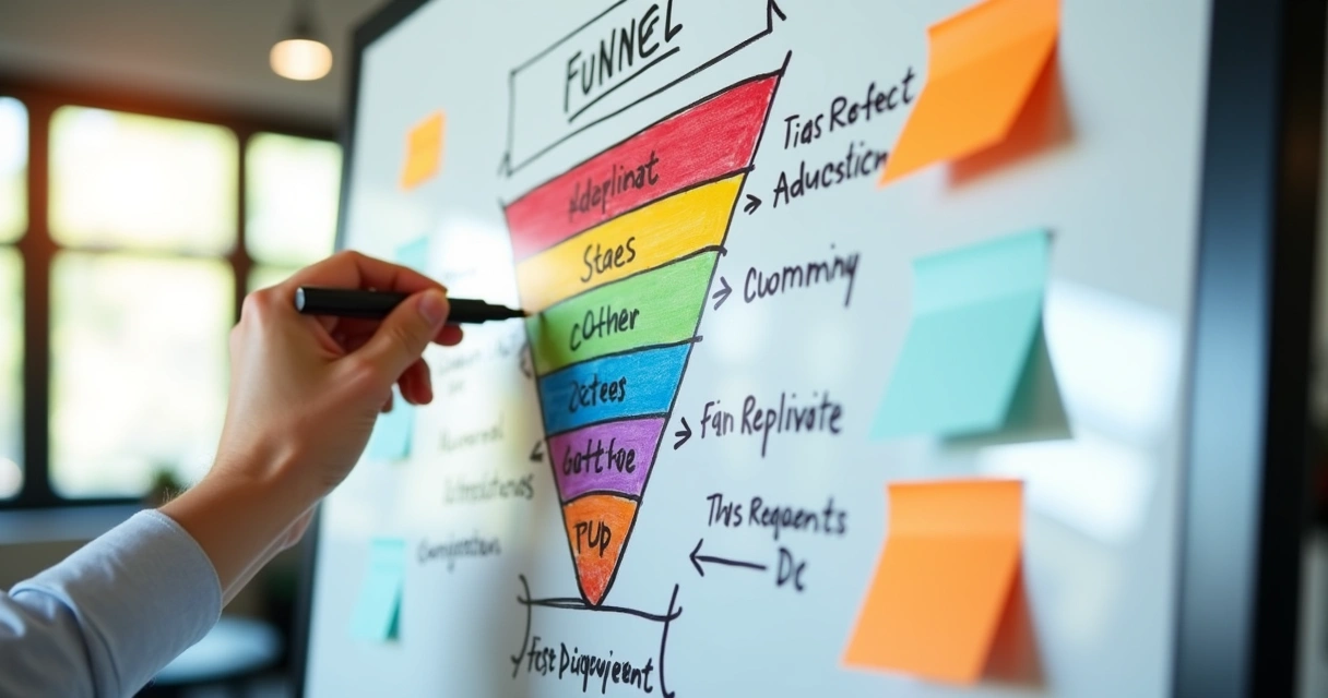 Quadro branco com desenho de funil de vendas, cores diferenciando cada etapa 