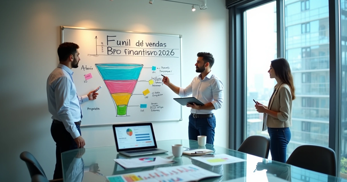 Quadro branco com funil de vendas colorido para BPO financeiro sendo planejado por equipe 