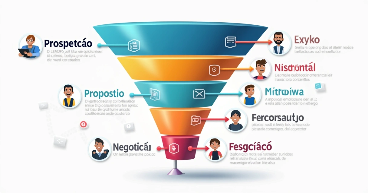 Ilustração de funil de vendas para BPO financeiro com etapas de captação e conversão