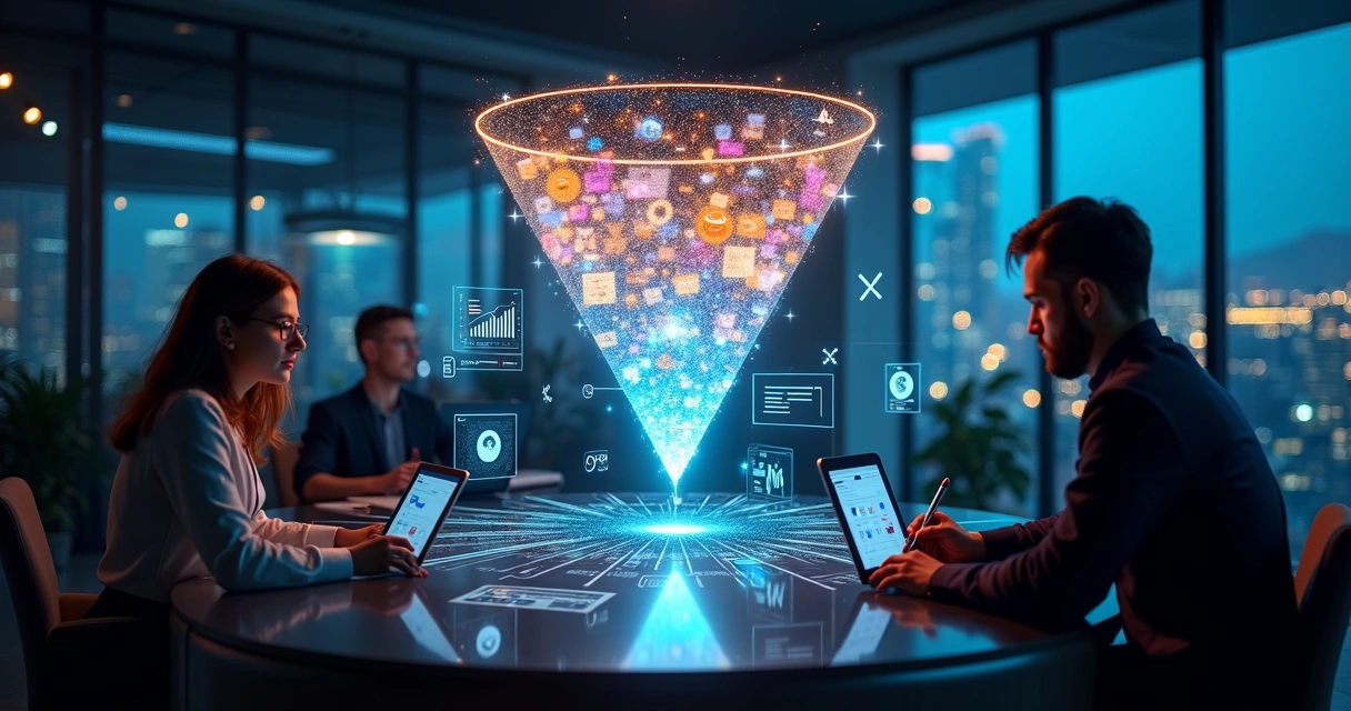 Ilustração realista de funil de vendas digital integrado a branding marketing e design 