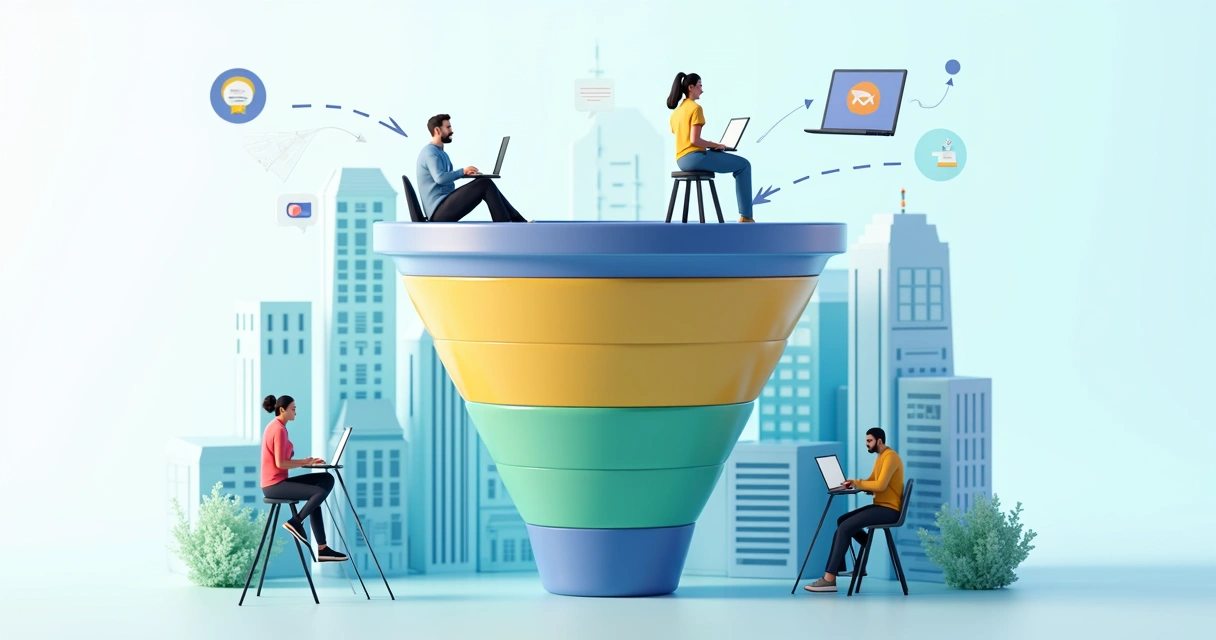 Ilustração de um funil de vendas digital segmentado por cores