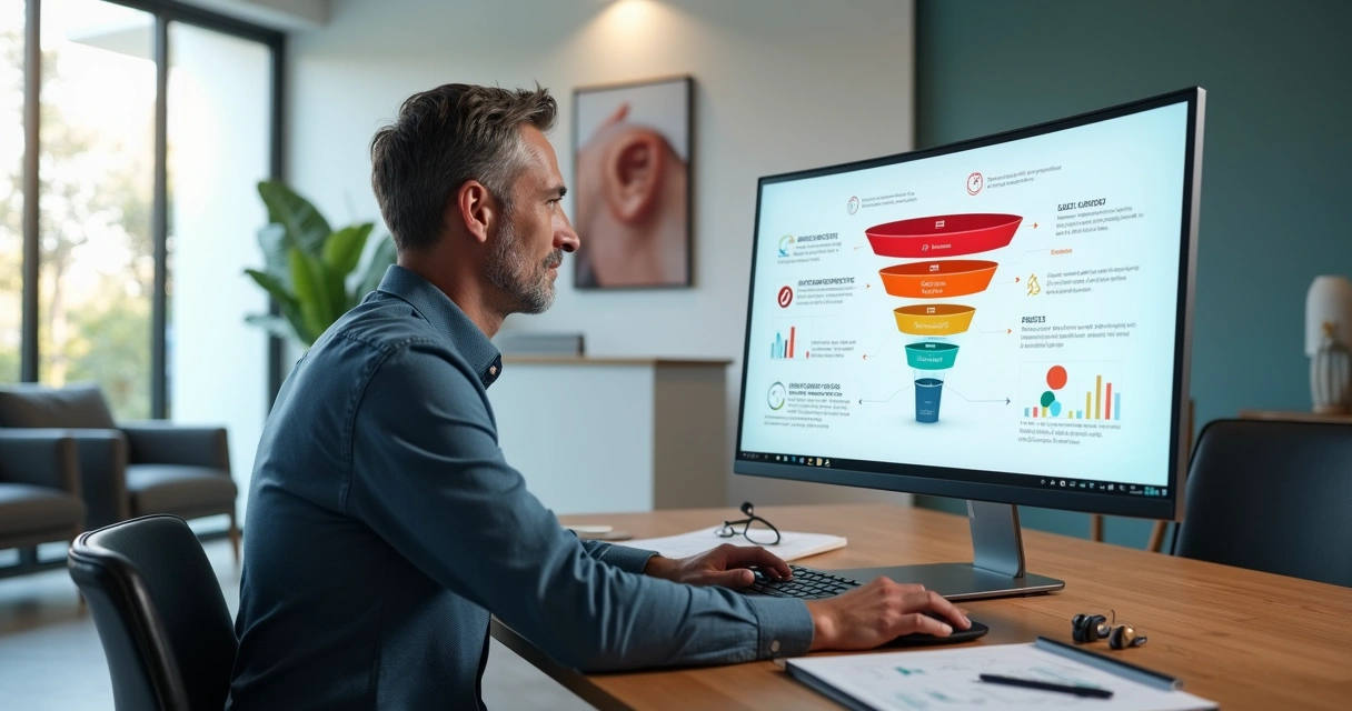 Gestor analisando funil de vendas digital em clínica de aparelhos auditivos 