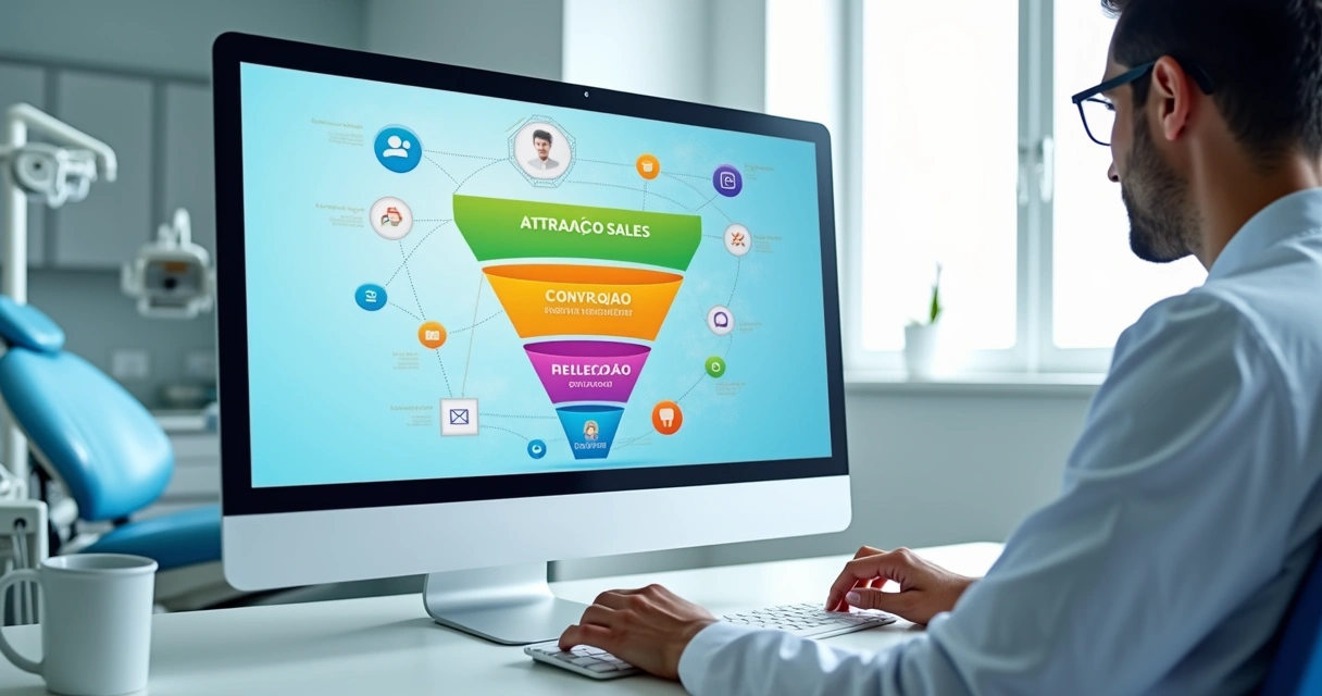 Dentista olhando para funil de vendas digital com etapas e ícones de pacientes 