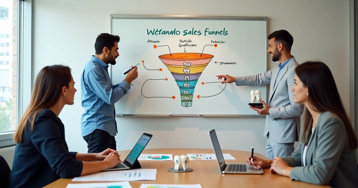 Quadro branco em clínica odontológica com desenho de funil de vendas e equipe apontando indicadores 