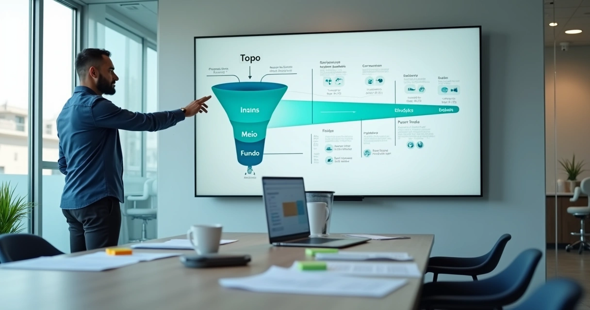 Gestor de clínica odontológica analisando funil de vendas digital em tela grande 