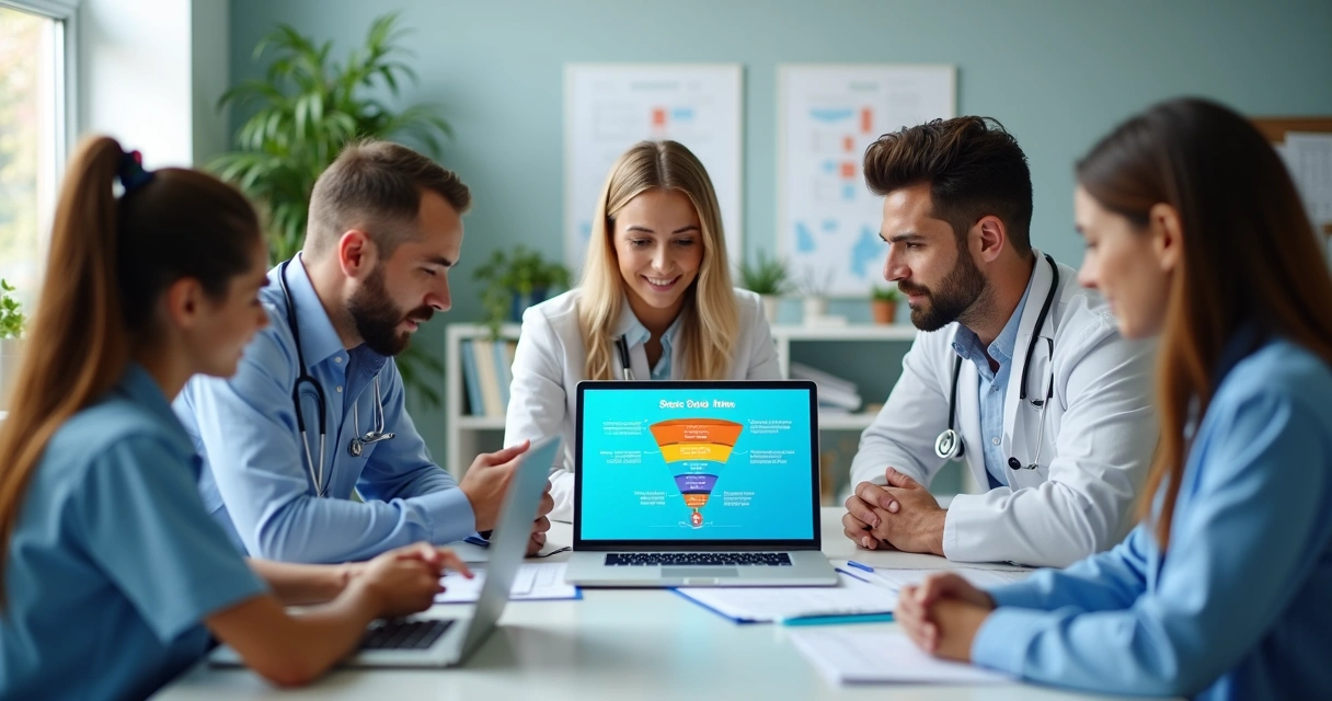 Equipe médica reunida discutindo funil de vendas em clínica com gráficos e laptops 