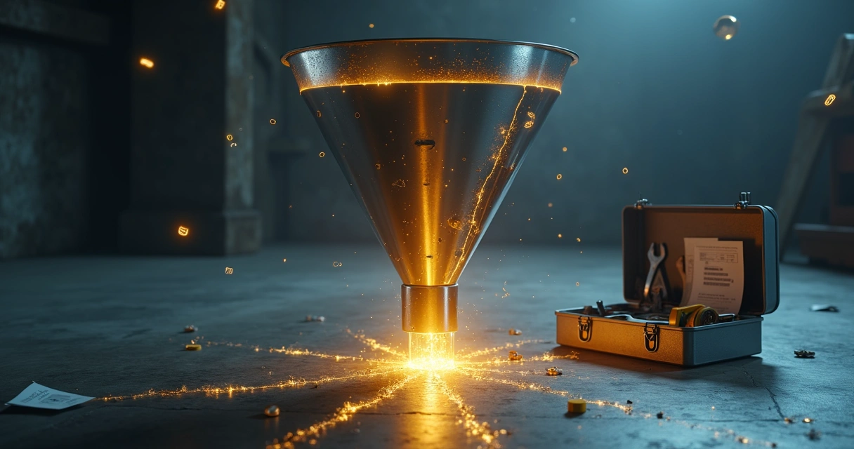 Funil de vendas metálico com vazamentos sendo corrigidos por ferramentas de trabalho 